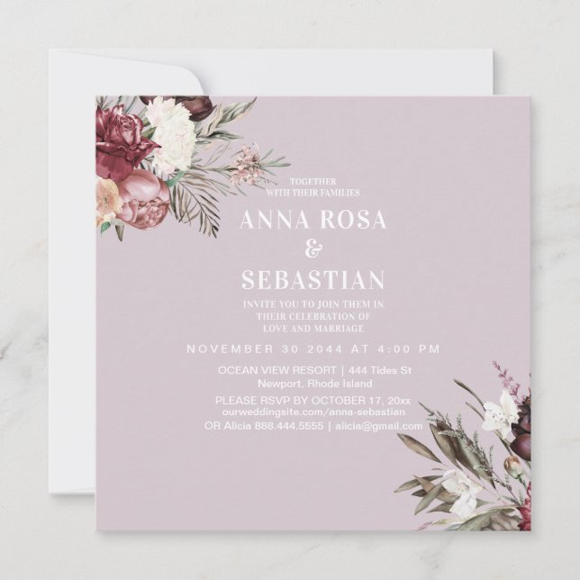 Invitation *~* RSVP Rose Floral Burgandy AR15 + MARIAGE (Devant)