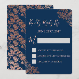 Invitation RSVP - Rose or rose et bleu marine floral