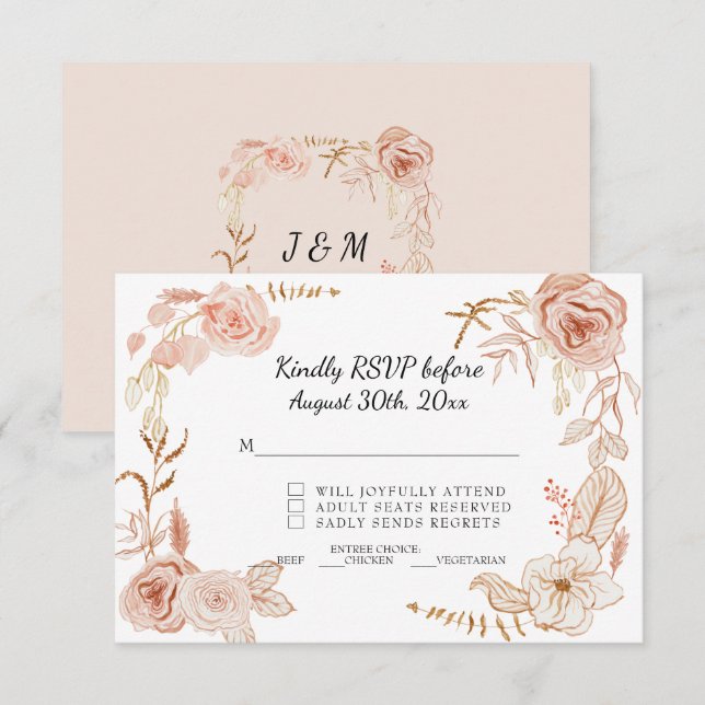 Invitation RSVP Rose Tendre Terre Cuite Fleurs Aquarelle Mari (Devant / Derrière)
