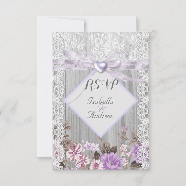Invitation RSVP Rustique Bois Fleurs Mariage Lavande Dentelle (Devant)