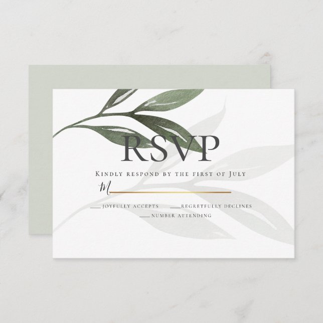 Invitation RSVP | Sage Green Olive Branch Feuilles d'aquarell (Devant / Derrière)