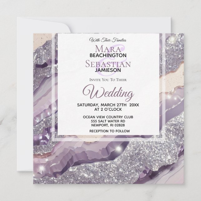 Invitation *~* RSVP SILVER LAVENDER QR AGATE AR66 Mariage (Devant)