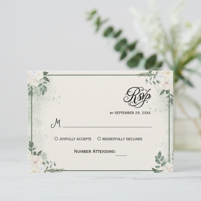 Invitation RSVP Simple Végétal Eucalyptus (Debout devant)