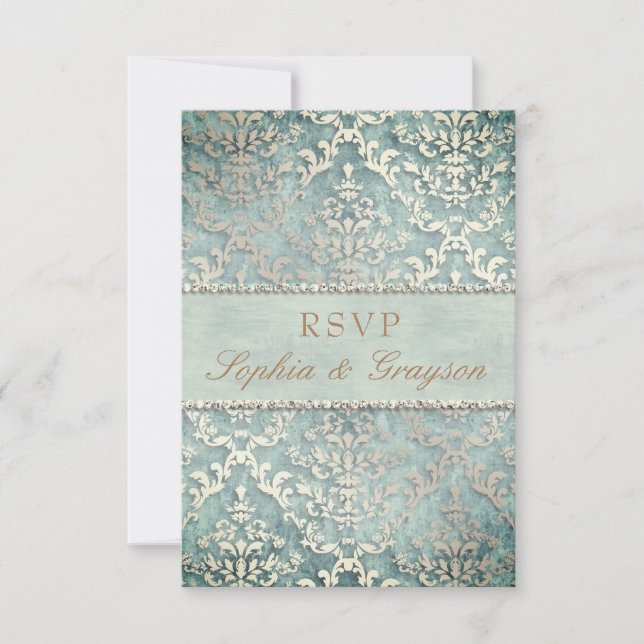 Invitation RSVP Vert Sauge Pailleté Damask Mariage (Devant)
