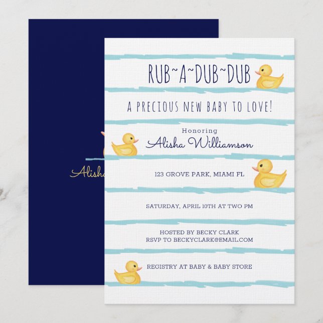 Invitation Rub-A-Dub-Dub Cute Jaune Caoutchouc Baby shower (Devant / Derrière)