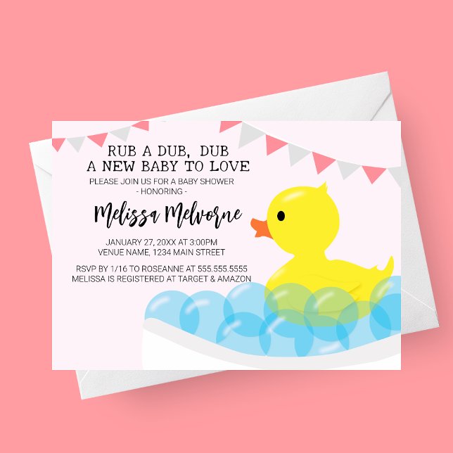 Invitation Rub A Dub Dub Dub, Caoutchouc Baby shower (Rub a Dub, Dub Rubber Ducky Baby Shower Invitation with bubbles in bathtub and pink and grey banner)