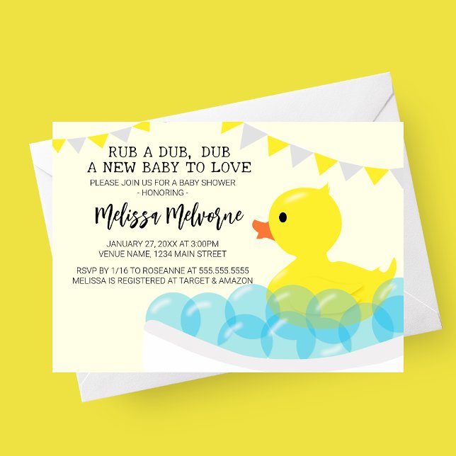 Invitation Rub A Dub Dub Dub, Caoutchouc Baby shower (Rub A Dub Dub Plastic Duck Baby Shower Invitation with grey and yellow banner. )