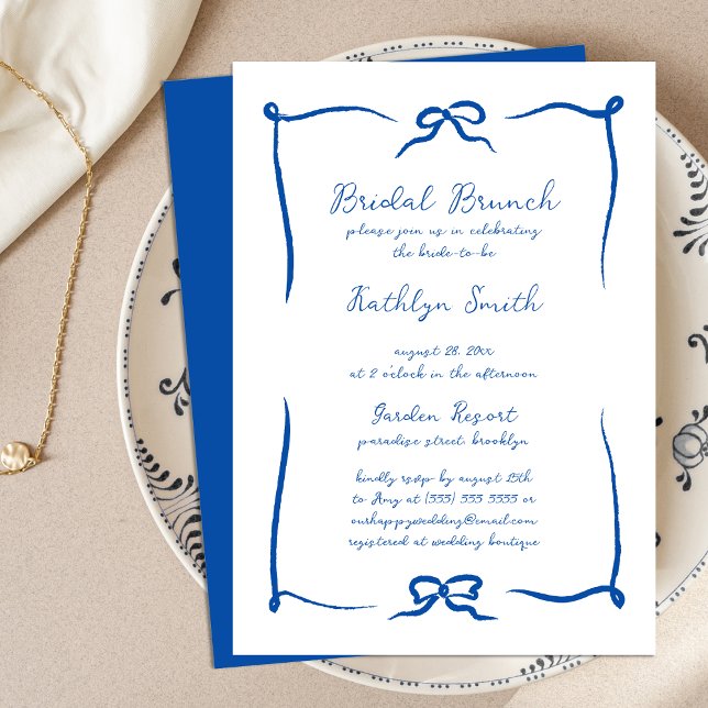 Invitation Ruban à main bleu français moderne Brunch nuptial  (Créateur téléchargé)