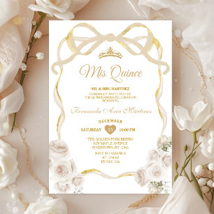 Invitation Ruban à nœud floral blanc ivoire Mis Quince Or