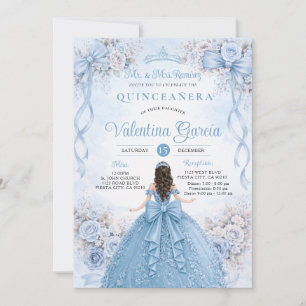 Invitation Ruban à nœud floral bleu poussiéreux Quinceañera A