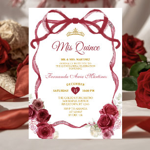 Invitation Ruban à nœud floral bordeaux Couronne dorée Mis Qu