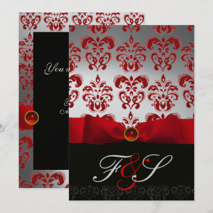 Invitation RUBAN ARGENTÉ ROUGE & MONOGRAMME EN DAMAS NOIR Rub