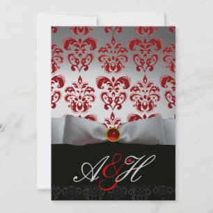 Invitation RUBAN ARGENTÉ ROUGE & MONOGRAMME EN DAMAS NOIR Rub