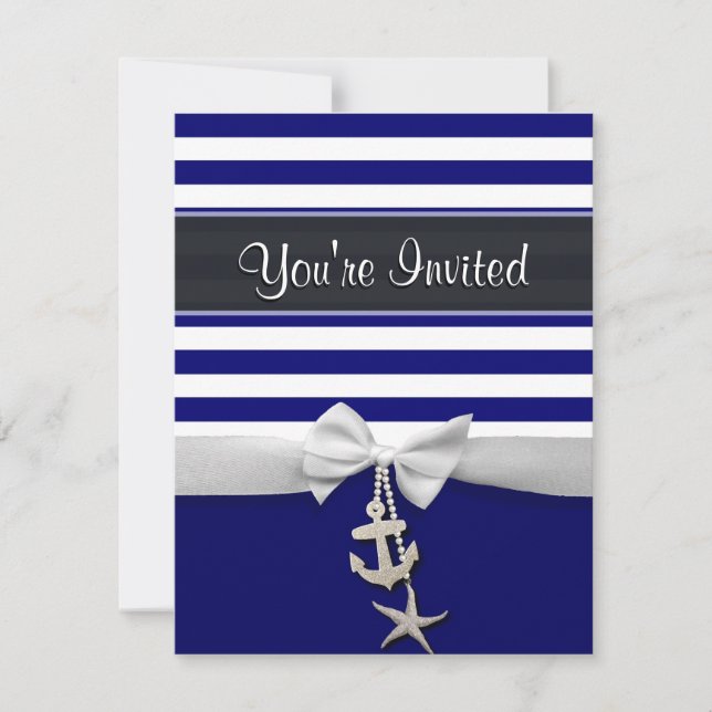 Invitation Ruban blanc à bande bleue marine et graphique de c (Devant)