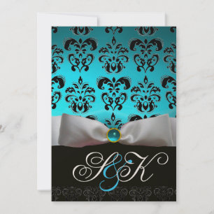 INVITATION RUBAN BLANC AQUA BLEU NOIR DAMAS MONOGRAMME