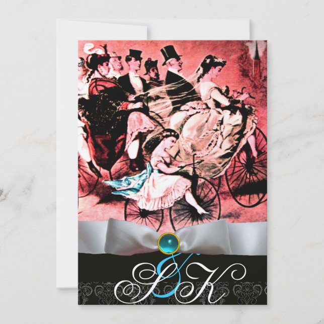 INVITATION RUBAN BLANC AQUA BLEU NOIR DAMAS MONOGRAMME (Devant)