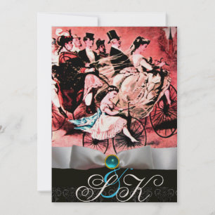 INVITATION RUBAN BLANC AQUA BLEU NOIR DAMAS MONOGRAMME