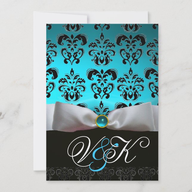 INVITATION RUBAN BLANC AQUA BLEU NOIR DAMAS MONOGRAMME (Devant)