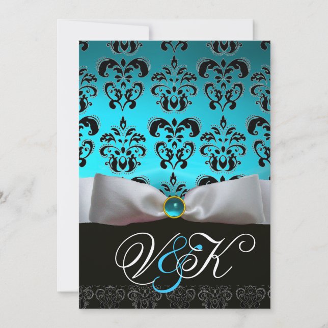 INVITATION RUBAN BLANC AQUA BLEU NOIR DAMASQUE MONOGRAMME (Devant)
