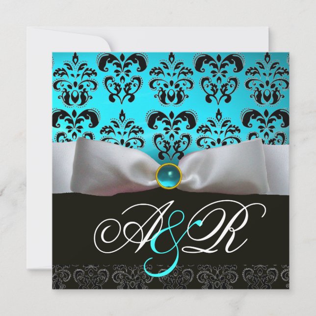 INVITATION RUBAN BLANC BLEU TURQUOISE NOIR  DAMAS MONOGRAMME (Devant)