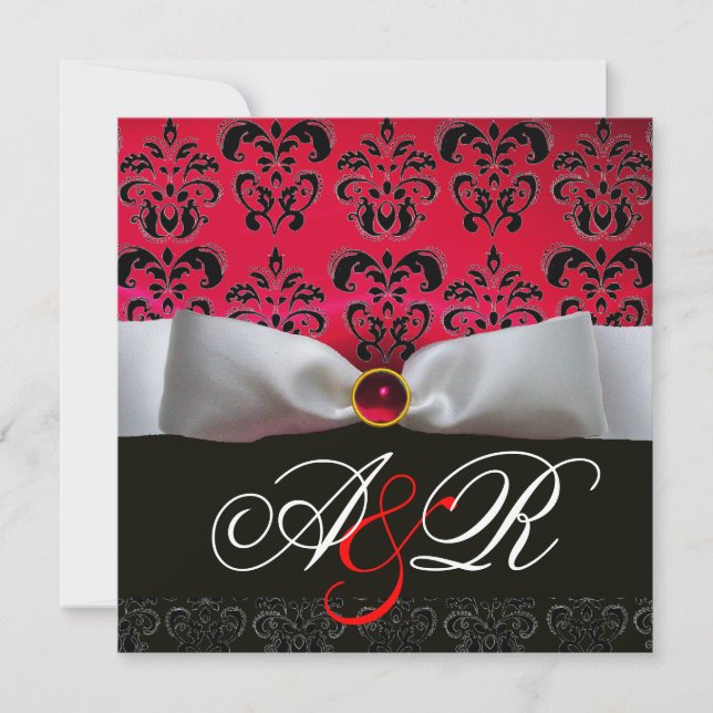 INVITATION RUBAN BLANC BOURGOGNE ROUGE NOIR  DAMAS MONOGRAMME (Devant)