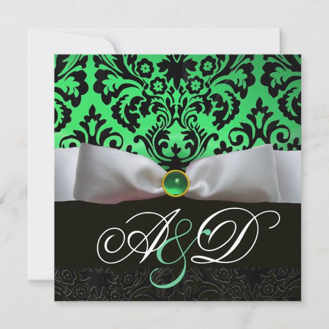 INVITATION RUBAN BLANC ÉMERAUDE VERT NOIR  DAMAS MONOGRAMME (Devant)