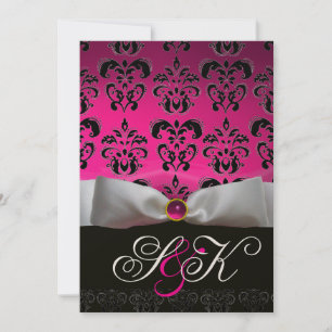 INVITATION RUBAN BLANC FUCHSIA ROSE NOIR DAMAS MONOGRAMME