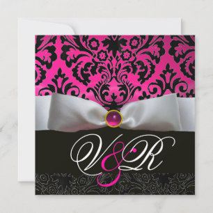 INVITATION RUBAN BLANC FUCHSIA ROSE  NOIR  DAMAS MONOGRAMME