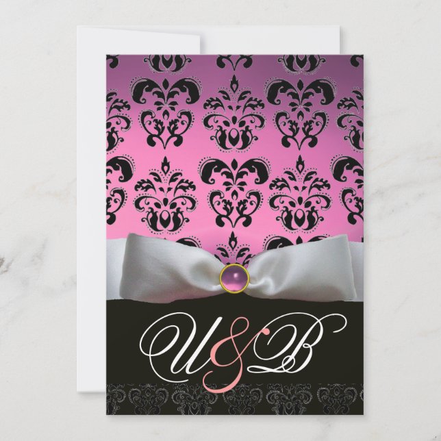 INVITATION RUBAN BLANC LILAS ROSE   MONOGRAMME EN DAMAS NOIR (Devant)