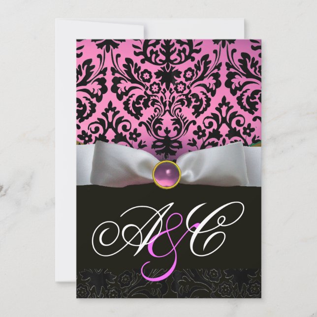 INVITATION RUBAN BLANC LILAS ROSE  NOIR  MONOGRAMME DAMASSÉ (Devant)