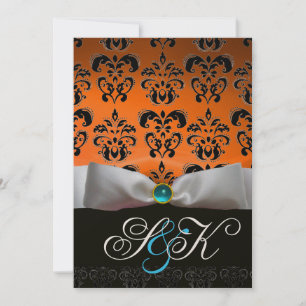 INVITATION RUBAN BLANC ORANGE BLEU NOIR DAMAS MONOGRAMME