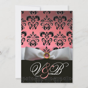 INVITATION RUBAN BLANC ROSE  DAMAS NOIR MONOGRAMME
