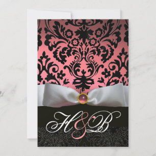 INVITATION RUBAN BLANC ROSE  DAMAS NOIR MONOGRAMME