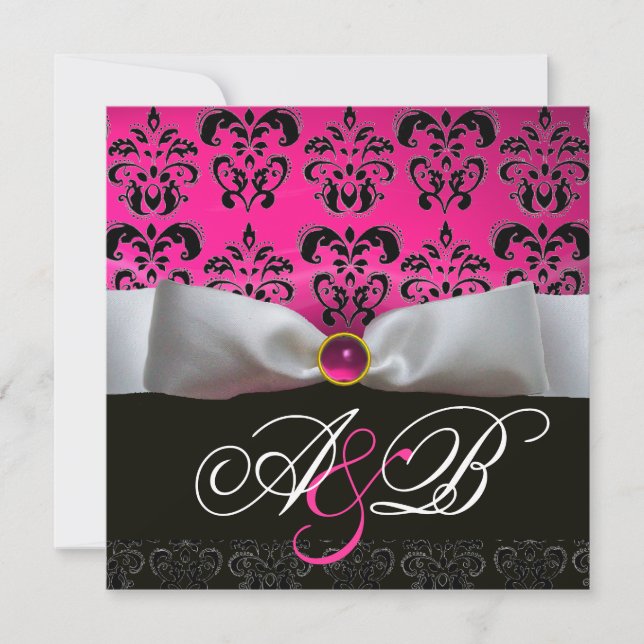INVITATION RUBAN BLANC ROSE VIOLET NOIR  DAMAS MONOGRAMME (Devant)