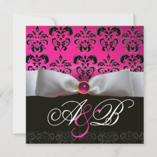 INVITATION RUBAN BLANC ROSE VIOLET NOIR  DAMAS MONOGRAMME