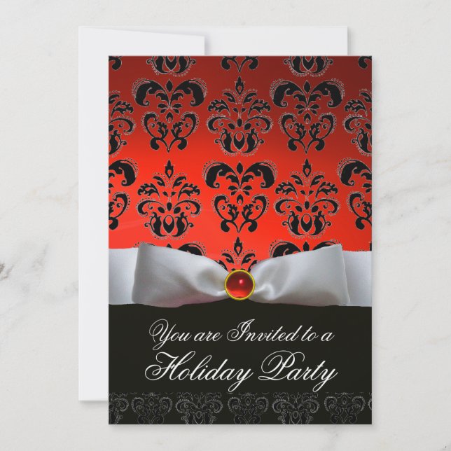 Invitation RUBAN BLANC ROUGE NOIR DAMASK FÊTE DE NOËL Ruby (Devant)