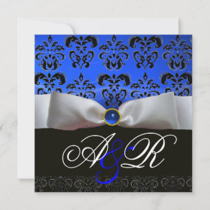 INVITATION RUBAN BLANC SAPPHIR BLEU NOIR  DAMAS MONOGRAMME
