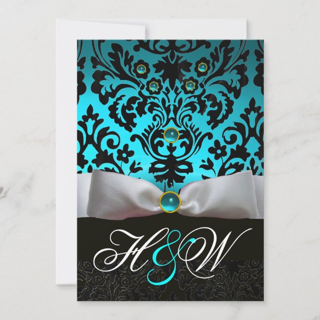 INVITATION RUBAN BLANC SARCELLE BLEU AQUA NOIR DAMAS MONOGRAM (Devant)