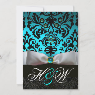 INVITATION RUBAN BLANC SARCELLE BLEU AQUA NOIR DAMAS MONOGRAM
