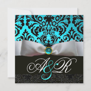 INVITATION RUBAN BLANC TEAL AQUA BLEU NOIR  DAMAS MONOGRAMME