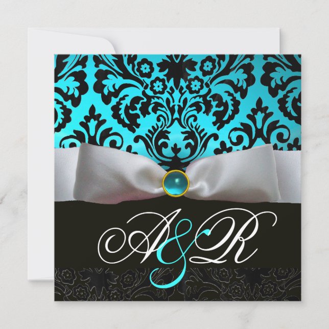 INVITATION RUBAN BLANC TEAL BLEU AQUA NOIR  DAMAS MONOGRAMME (Devant)