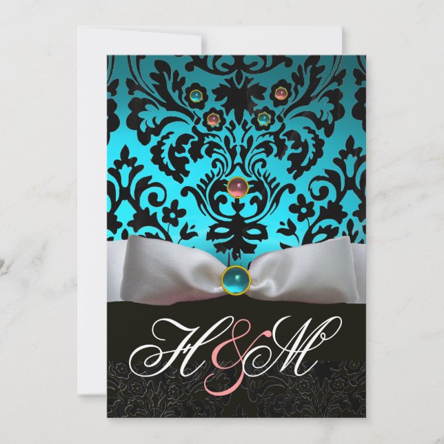 INVITATION RUBAN BLANC TEAL ROSE BLEU NOIR DAMAS MONOGRAMME (Devant)