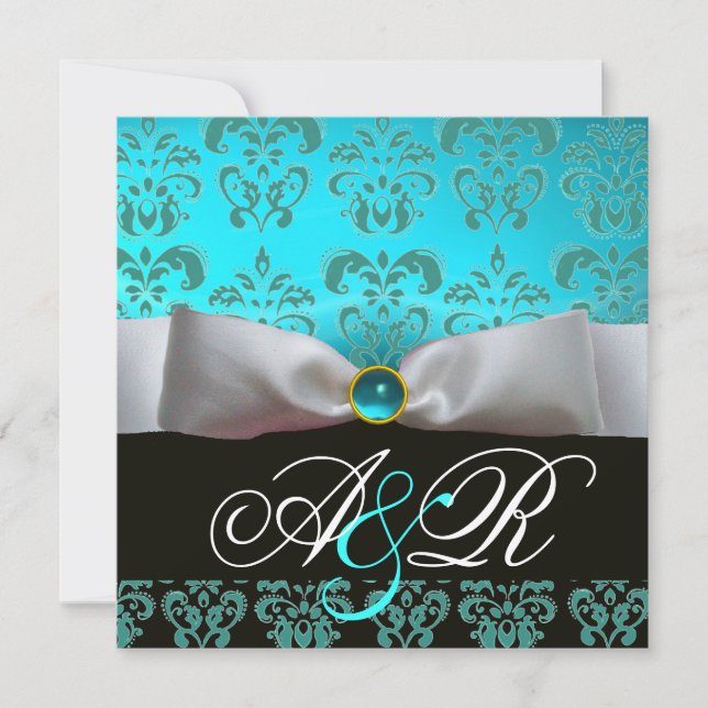 INVITATION RUBAN BLANC TURQUOISE BLEU NOIR  DAMAS MONOGRAMME (Devant)