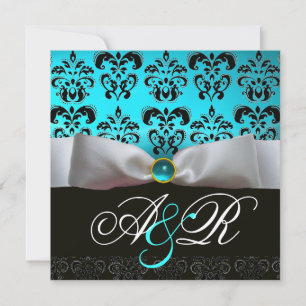 INVITATION RUBAN BLANC TURQUOISE BLEU NOIR  DAMAS MONOGRAMME