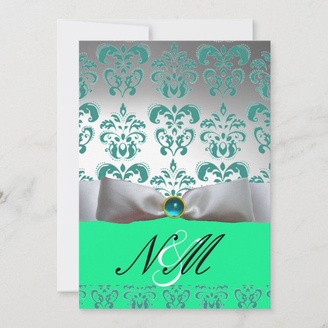 INVITATION RUBAN BLANC VERT BLEU  MONOGRAMME EN DAMAS NOIR (Devant)