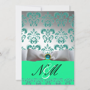 INVITATION RUBAN BLANC VERT BLEU  MONOGRAMME EN DAMAS NOIR