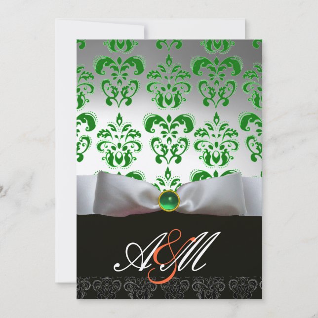 Invitation RUBAN BLANC VERT & DAMAS NOIR MONOGRAMME Or (Devant)