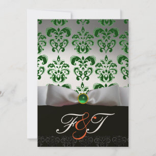 Invitation RUBAN BLANC VERT & MONOGRAMME EN DAMAS NOIR Orange
