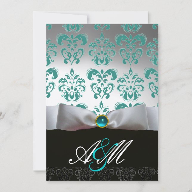 Invitation RUBAN BLEU BLANC & MONOGRAMME DAMAS NOIR Or (Devant)