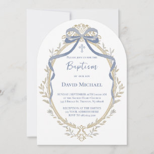 Invitation ruban bleu élégant cadre beige Baptême